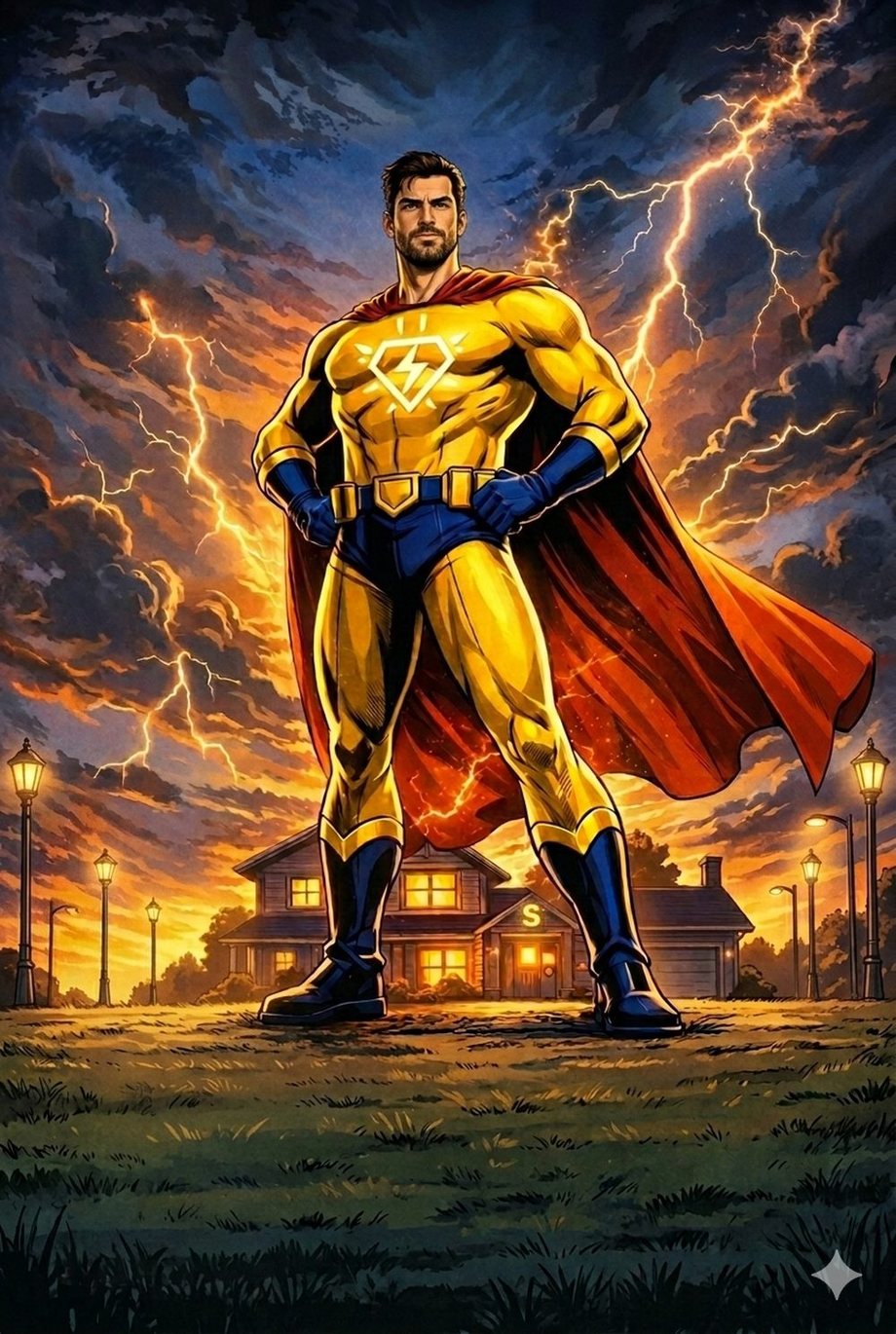 Sunny, the Supersun Electric hero, standing guard over a home at dusk